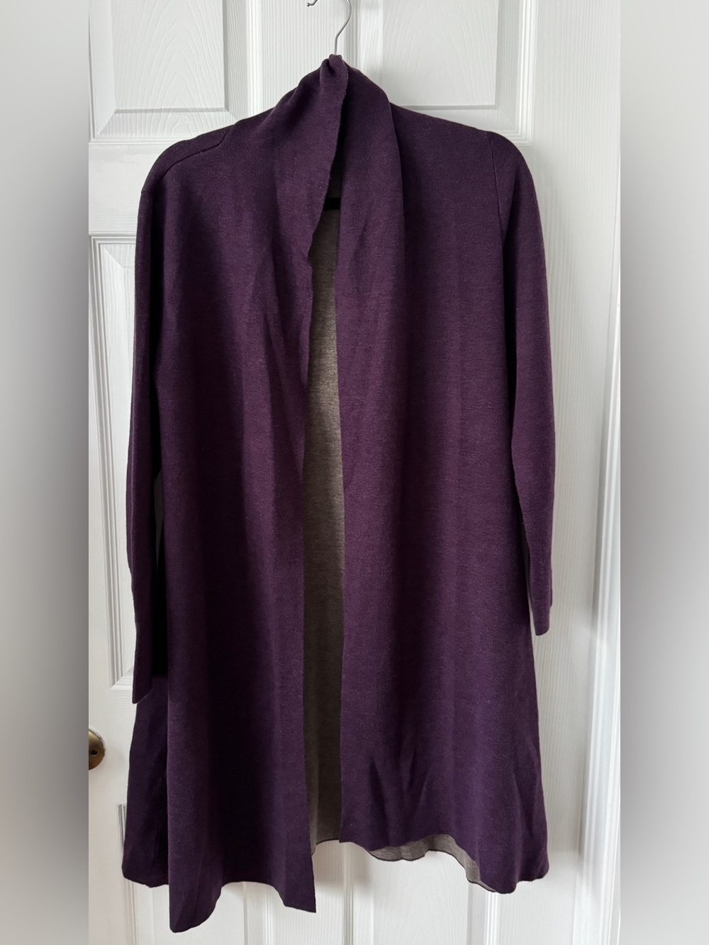 Women's Open-Front Purple Long Cardigan Sweater. 38 inches long.